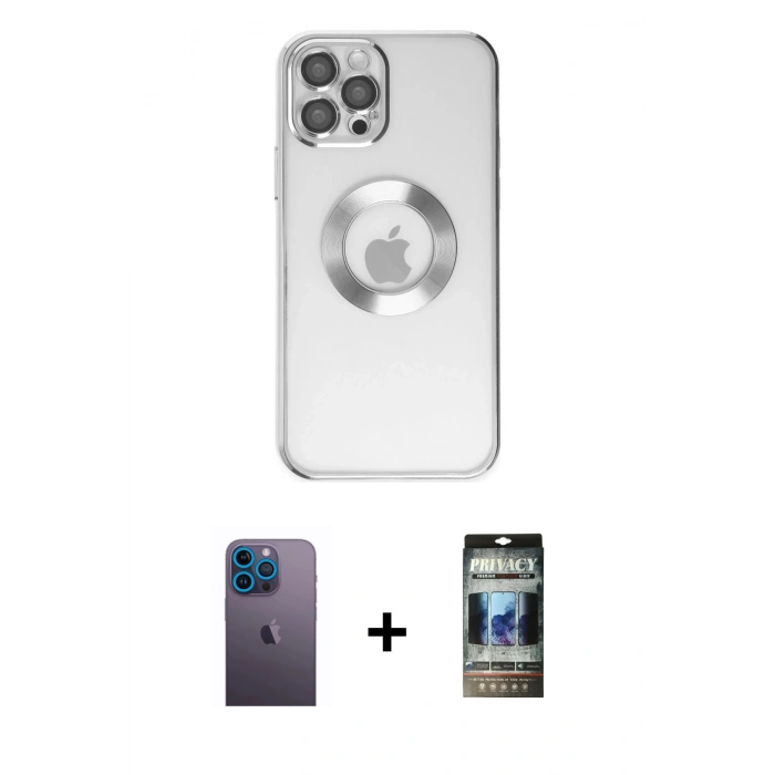 MARSİLYAN™- iPhone 12 Pro Kılıf Pusula Form - Siyah 34D Hayalet Izgaralı Cam + Neon Fosforlu Kamera Lens - MI