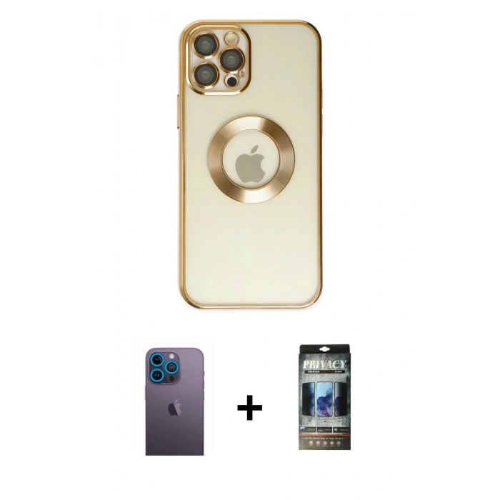 MARSİLYAN™- iPhone 12 Pro Kılıf Pusula Form - Siyah 34D Hayalet Izgaralı Cam + Neon Fosforlu Kamera Lens - MI