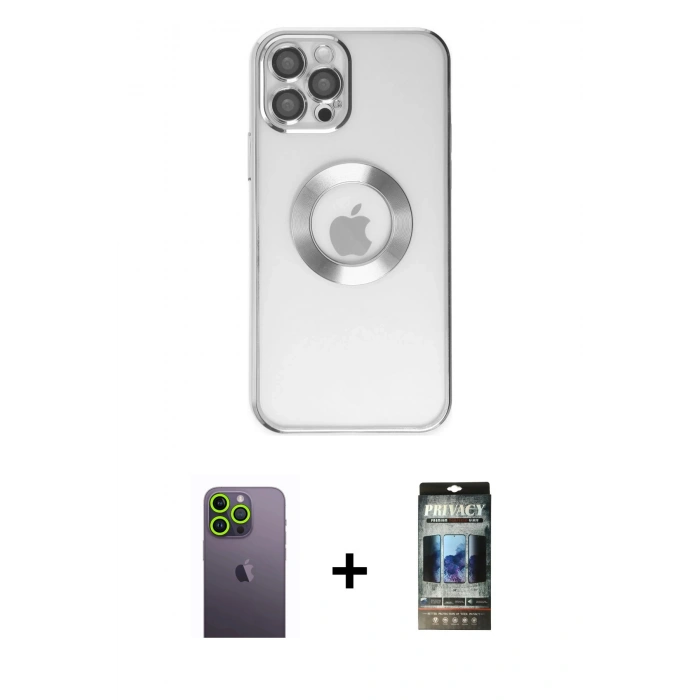 MARSİLYAN™- iPhone 12 Pro Kılıf Pusula Form - Siyah 34D Hayalet Izgaralı Cam + Neon Fosforlu Kamera Lens - YL