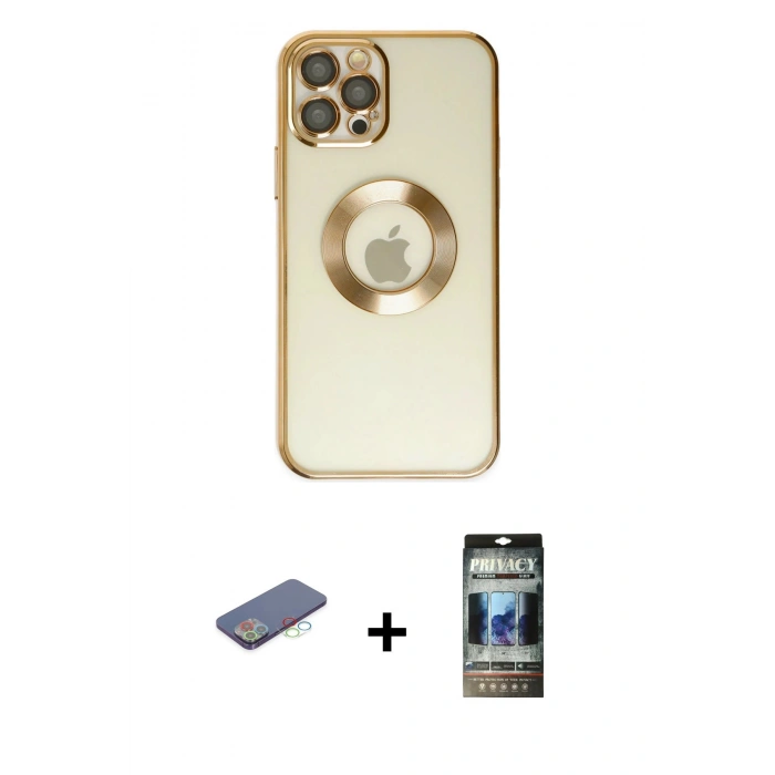 MARSİLYAN™- iPhone 12 Pro Kılıf Pusula Form - Siyah 34D Hayalet Izgaralı Cam + Renkli Kamera Lens Koruma Cam - MI