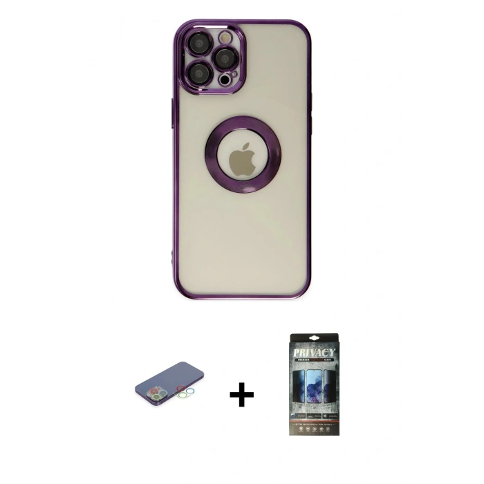MARSİLYAN™- iPhone 12 Pro Kılıf Pusula Form - Siyah 34D Hayalet Izgaralı Cam + Renkli Kamera Lens Koruma Cam - MI