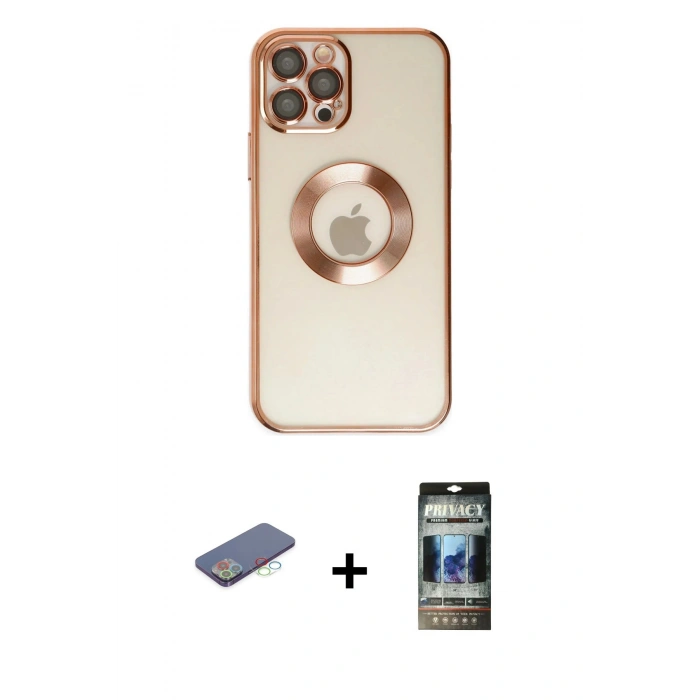MARSİLYAN™- iPhone 12 Pro Kılıf Pusula Form - Siyah 34D Hayalet Izgaralı Cam + Renkli Kamera Lens Koruma Cam - MI