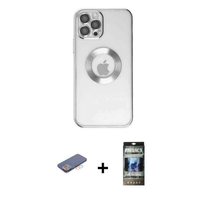 MARSİLYAN™- iPhone 12 Pro Kılıf Pusula Form - Siyah 34D Hayalet Izgaralı Cam + Renkli Kamera Lens Koruma Cam - MI