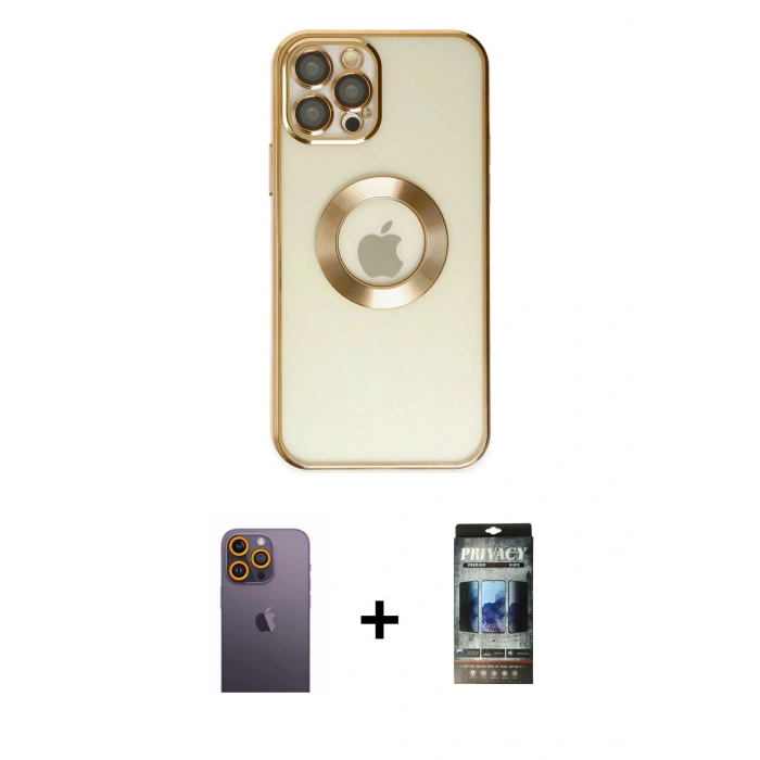 MARSİLYAN™- iPhone 12 Pro Kılıf Pusula Form - Siyah 34D Hayalet Izgaralı Cam + Sarı Neon Fosforlu Kamera Lens