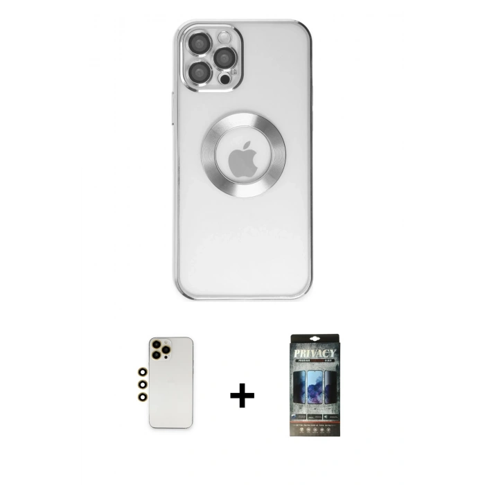 MARSİLYAN™- iPhone 12 Pro Kılıf Pusula Form - Siyah 34D Hayalet Izgaralı Cam + Shine Kamera Lens - GD