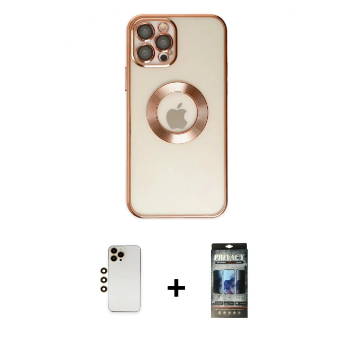 MARSİLYAN™- iPhone 12 Pro Kılıf Pusula Form - Siyah 34D Hayalet Izgaralı Cam + Shine Kamera Lens - GD