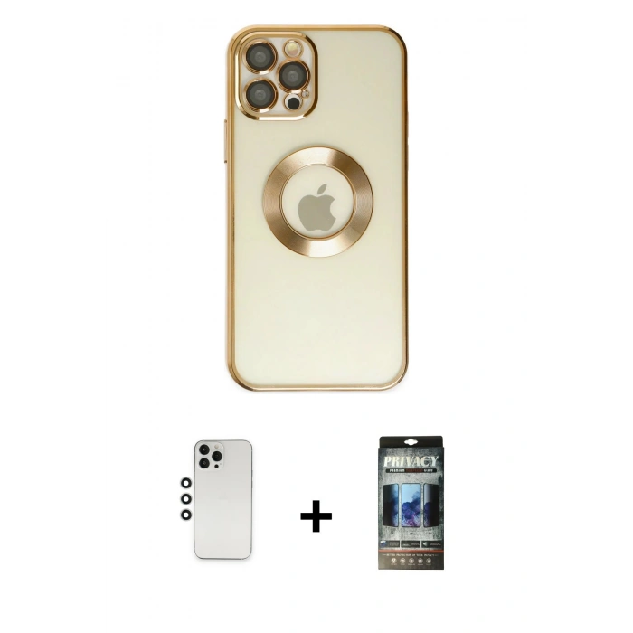 MARSİLYAN™- iPhone 12 Pro Kılıf Pusula Form - Siyah 34D Hayalet Izgaralı Cam + Shine Kamera Lens - GS