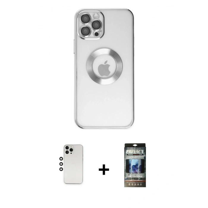 MARSİLYAN™- iPhone 12 Pro Kılıf Pusula Form - Siyah 34D Hayalet Izgaralı Cam + Shine Kamera Lens - GS