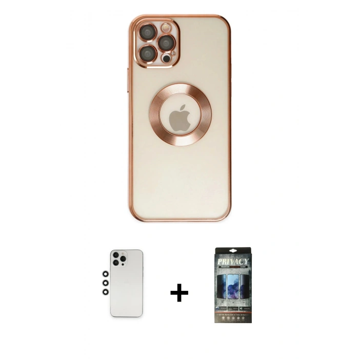 MARSİLYAN™- iPhone 12 Pro Kılıf Pusula Form - Siyah 34D Hayalet Izgaralı Cam + Shine Kamera Lens - GS