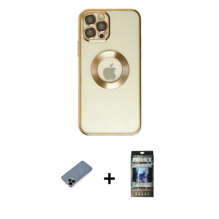 MARSİLYAN™- iPhone 12 Pro Kılıf Pusula Form - Siyah 34D Hayalet Izgaralı Cam + Shine Kamera Lens Koruma Cam - SH