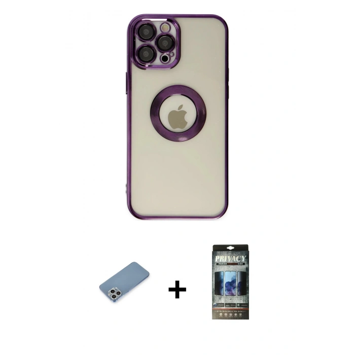 MARSİLYAN™- iPhone 12 Pro Kılıf Pusula Form - Siyah 34D Hayalet Izgaralı Cam + Shine Kamera Lens Koruma Cam - GS