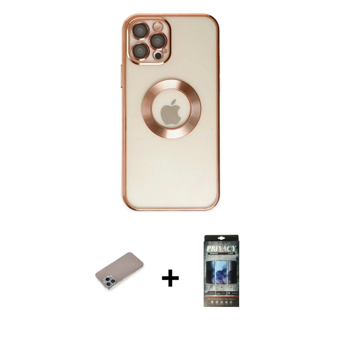 MARSİLYAN™- iPhone 12 Pro Kılıf Pusula Form - Siyah 34D Hayalet Izgaralı Cam + Shine Kamera Lens Koruma Cam - SABE