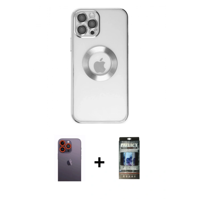 MARSİLYAN™- iPhone 12 Pro Kılıf Pusula Form - Siyah 34D Hayalet Izgaralı Cam + Neon Fosforlu Kamera Lens - TU