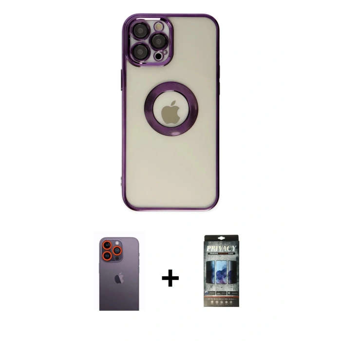 MARSİLYAN™- iPhone 12 Pro Kılıf Pusula Form - Siyah 34D Hayalet Izgaralı Cam + Neon Fosforlu Kamera Lens - TU