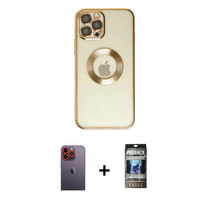 MARSİLYAN™- iPhone 12 Pro Kılıf Pusula Form - Siyah 34D Hayalet Izgaralı Cam + Neon Fosforlu Kamera Lens - TU