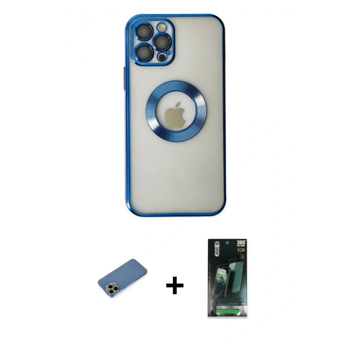 MARSİLYAN™- iPhone 12 Pro Kılıf Pusula Form - Siyah 360 Mat Full Body Arka Koruyucu + Shine Kamera Lens Koruma Cam - GD