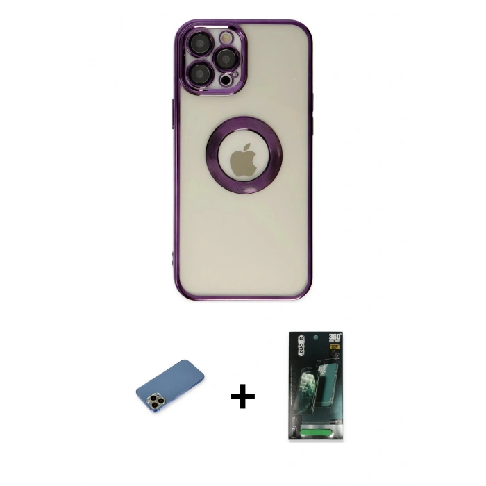 MARSİLYAN™- iPhone 12 Pro Kılıf Pusula Form - Siyah 360 Mat Full Body Arka Koruyucu + Shine Kamera Lens Koruma Cam - GD