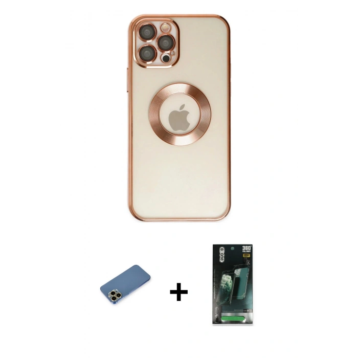 MARSİLYAN™- iPhone 12 Pro Kılıf Pusula Form - Siyah 360 Mat Full Body Arka Koruyucu + Shine Kamera Lens Koruma Cam - GD