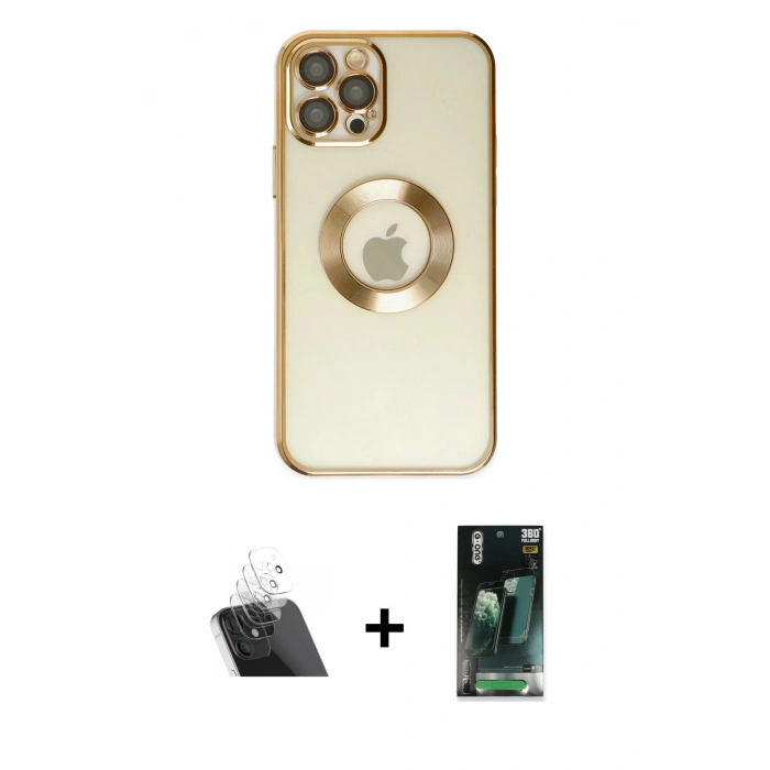 MARSİLYAN™- iPhone 12 Pro Kılıf Pusula Form - Siyah 360 Mat Full Body Arka Koruyucu + Kamera Lens Koruma Cam - SF