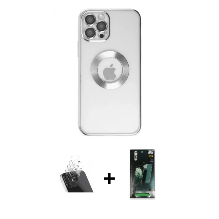 MARSİLYAN™- iPhone 12 Pro Kılıf Pusula Form - Siyah 360 Mat Full Body Arka Koruyucu + Kamera Lens Koruma Cam - SF