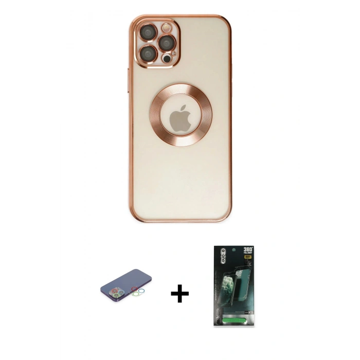 MARSİLYAN™- iPhone 12 Pro Kılıf Pusula Form - Siyah 360 Mat Full Body Arka Koruyucu + Renkli Kamera Lens Koruma Cam - MI