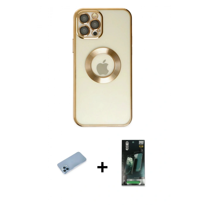 MARSİLYAN™- iPhone 12 Pro Kılıf Pusula Form - Siyah 360 Mat Full Body Arka Koruyucu + Mavi Shine Kamera Lens Koruma Cam