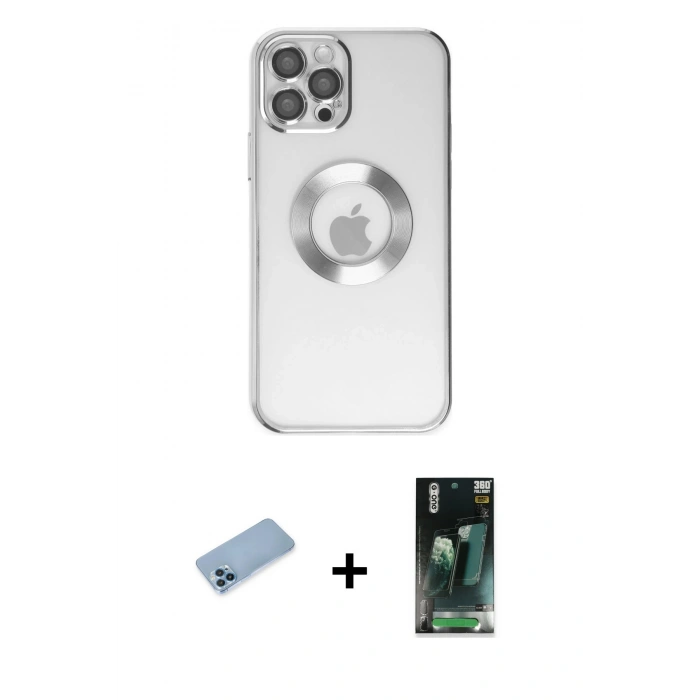 MARSİLYAN™- iPhone 12 Pro Kılıf Pusula Form - Siyah 360 Mat Full Body Arka Koruyucu + Mavi Shine Kamera Lens Koruma Cam