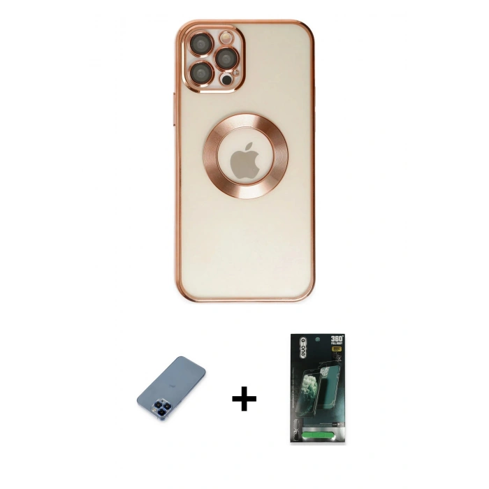 MARSİLYAN™- iPhone 12 Pro Kılıf Pusula Form - Siyah 360 Mat Full Body Arka Koruyucu + Metal Kamera Lens Koruma Cam - MI
