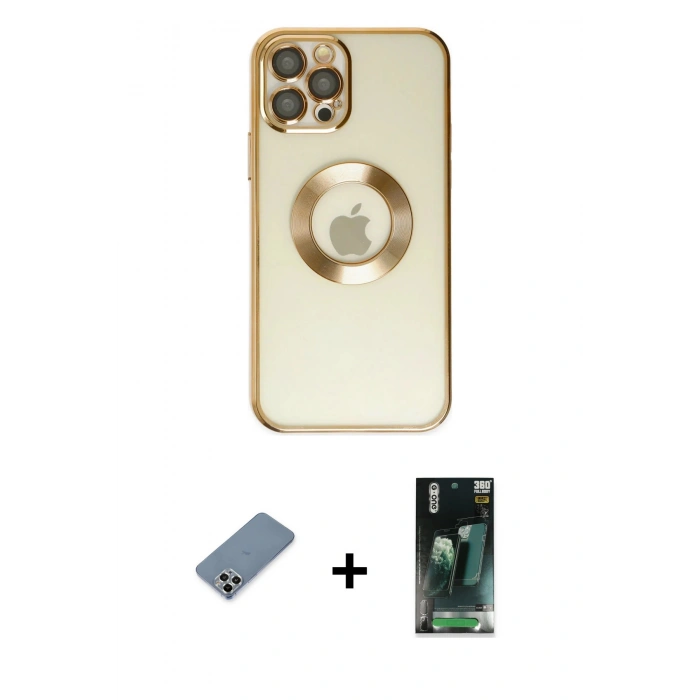 MARSİLYAN™- iPhone 12 Pro Kılıf Pusula Form - Siyah 360 Mat Full Body Arka Koruyucu + Metal Kamera Lens Koruma Cam - GS