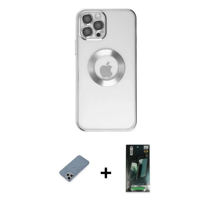 MARSİLYAN™- iPhone 12 Pro Kılıf Pusula Form - Siyah 360 Mat Full Body Arka Koruyucu + Metal Kamera Lens Koruma Cam - GS