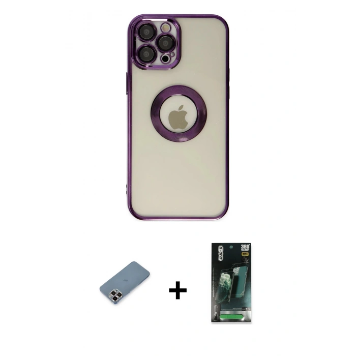 MARSİLYAN™- iPhone 12 Pro Kılıf Pusula Form - Siyah 360 Mat Full Body Arka Koruyucu + Metal Kamera Lens Koruma Cam - MR