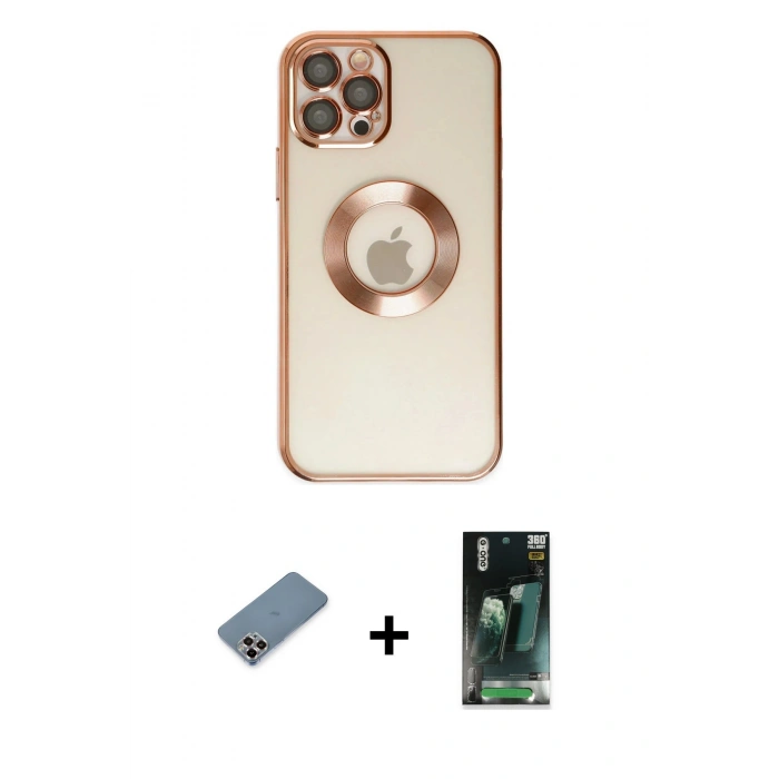 MARSİLYAN™- iPhone 12 Pro Kılıf Pusula Form - Siyah 360 Mat Full Body Arka Koruyucu + Metal Kamera Lens Koruma Cam - MR
