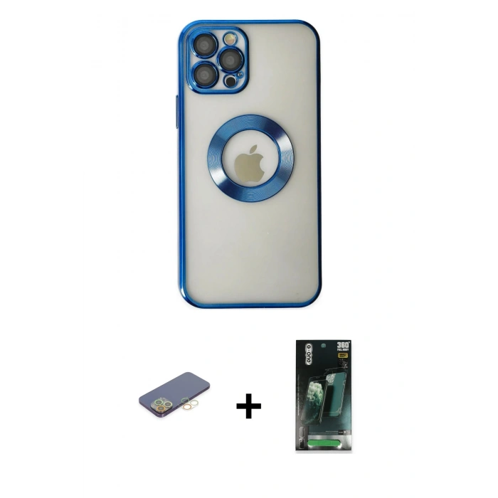 MARSİLYAN™- iPhone 12 Pro Kılıf Pusula Form - Siyah 360 Mat Full Body Arka Koruyucu + Sarı Renkli Kamera Lens Koruma Cam