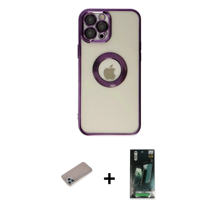 MARSİLYAN™- iPhone 12 Pro Kılıf Pusula Form - Siyah 360 Mat Full Body Arka Koruyucu + Shine Kamera Lens Koruma Cam - SABE