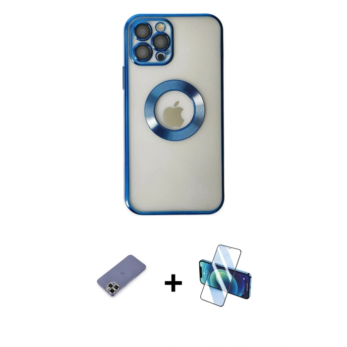 MARSİLYAN™- iPhone 12 Pro Kılıf Pusula Form - Siyah 3D Antistatik Cam Ekran Koruyucu + Metal Kamera Lens Koruma Cam - GD