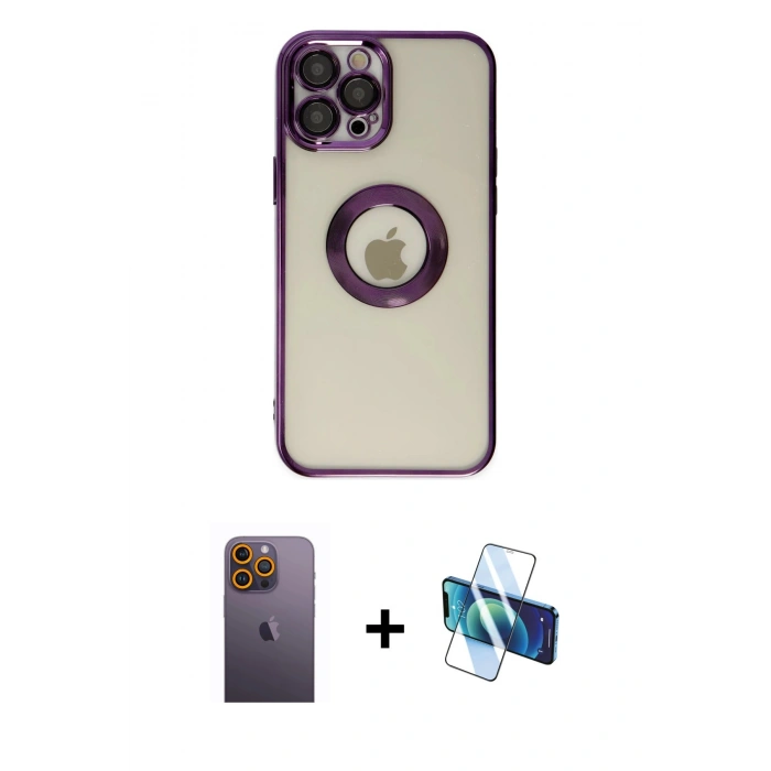 MARSİLYAN™- iPhone 12 Pro Kılıf Pusula Form - Siyah 3D Antistatik Cam Ekran Koruyucu + Neon Fosforlu Kamera Lens - SI