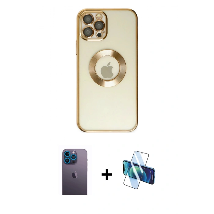 MARSİLYAN™- iPhone 12 Pro Kılıf Pusula Form - Siyah 3D Antistatik Cam Ekran Koruyucu + Neon Fosforlu Kamera Lens - MI