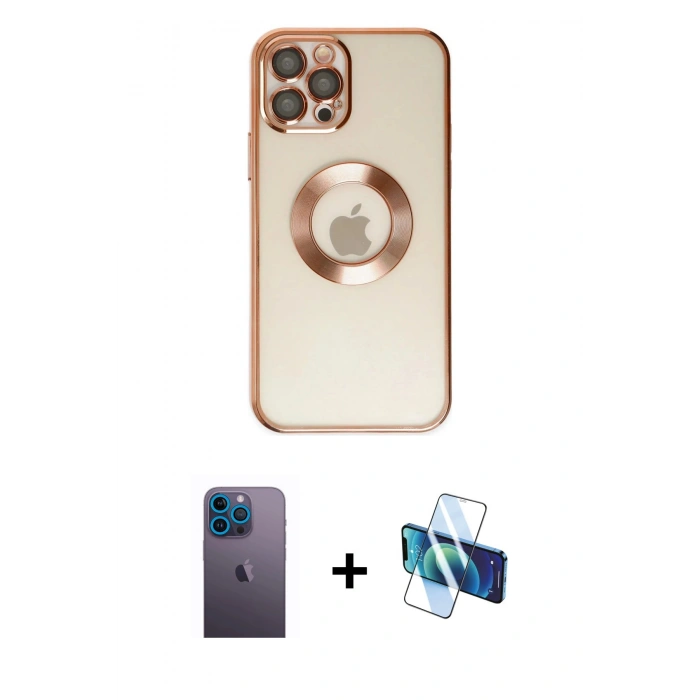 MARSİLYAN™- iPhone 12 Pro Kılıf Pusula Form - Siyah 3D Antistatik Cam Ekran Koruyucu + Neon Fosforlu Kamera Lens - MI