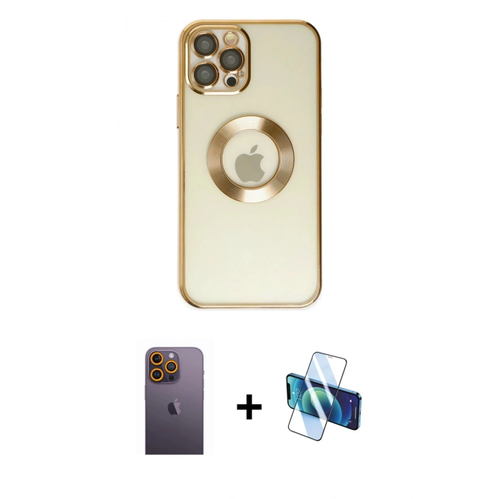 MARSİLYAN™- iPhone 12 Pro Kılıf Pusula Form - Siyah 3D Antistatik Cam Ekran Koruyucu + Neon Fosforlu Kamera Lens - SI