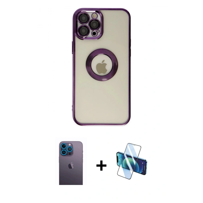 MARSİLYAN™- iPhone 12 Pro Kılıf Pusula Form - Siyah 3D Antistatik Cam Ekran Koruyucu + Neon Fosforlu Kamera Lens - MI