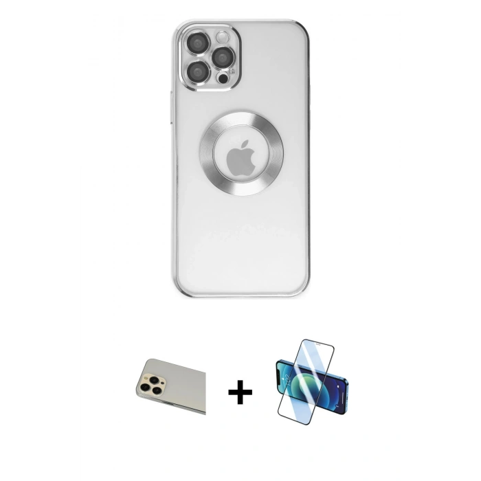 MARSİLYAN™- iPhone 12 Pro Kılıf Pusula Form - Siyah 3D Antistatik Cam Ekran Koruyucu + Rainbow Kamera Lens Koruma Cam - GD
