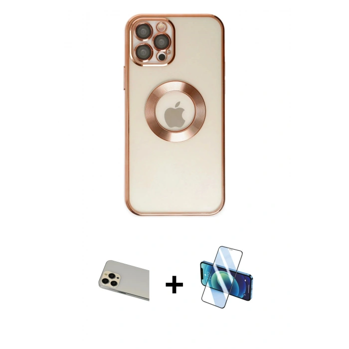MARSİLYAN™- iPhone 12 Pro Kılıf Pusula Form - Siyah 3D Antistatik Cam Ekran Koruyucu + Rainbow Kamera Lens Koruma Cam - GD