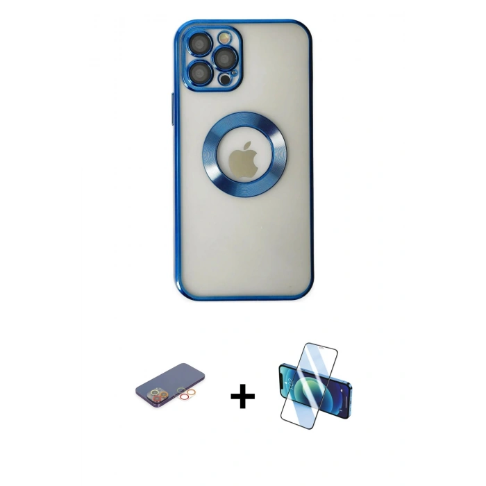 MARSİLYAN™- iPhone 12 Pro Kılıf Pusula Form - Siyah 3D Antistatik Cam Ekran Koruyucu + Renkli Kamera Lens Koruma Cam - TU