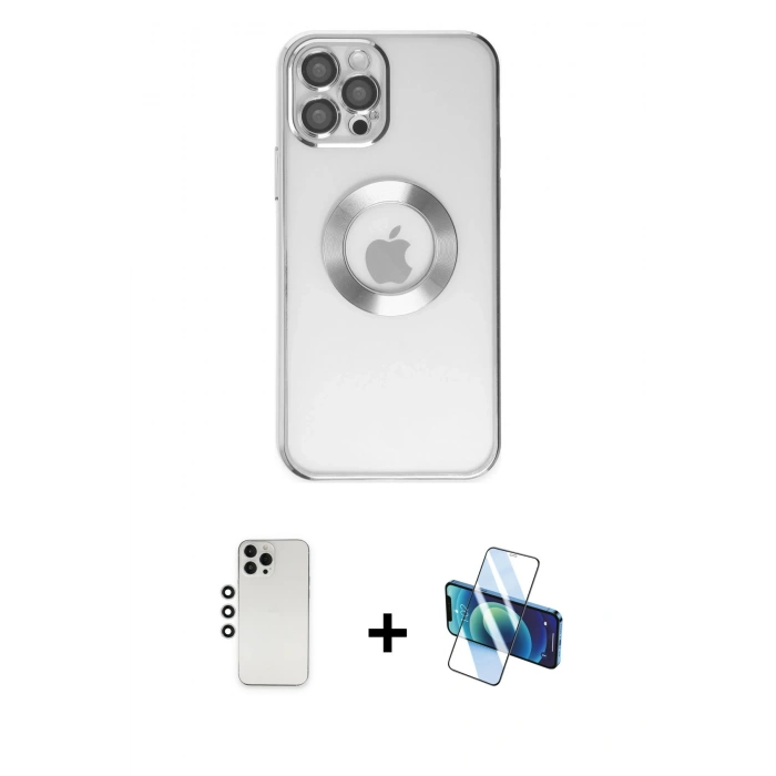 MARSİLYAN™- iPhone 12 Pro Kılıf Pusula Form - Siyah 3D Antistatik Cam Ekran Koruyucu + Shine Kamera Lens - GS