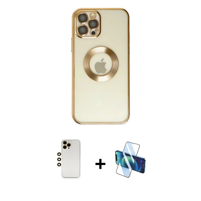 MARSİLYAN™- iPhone 12 Pro Kılıf Pusula Form - Siyah 3D Antistatik Cam Ekran Koruyucu + Shine Kamera Lens - GD