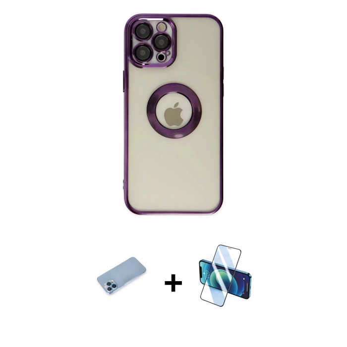MARSİLYAN™- iPhone 12 Pro Kılıf Pusula Form - Siyah 3D Antistatik Cam Ekran Koruyucu + Shine Kamera Lens Koruma Cam - MI