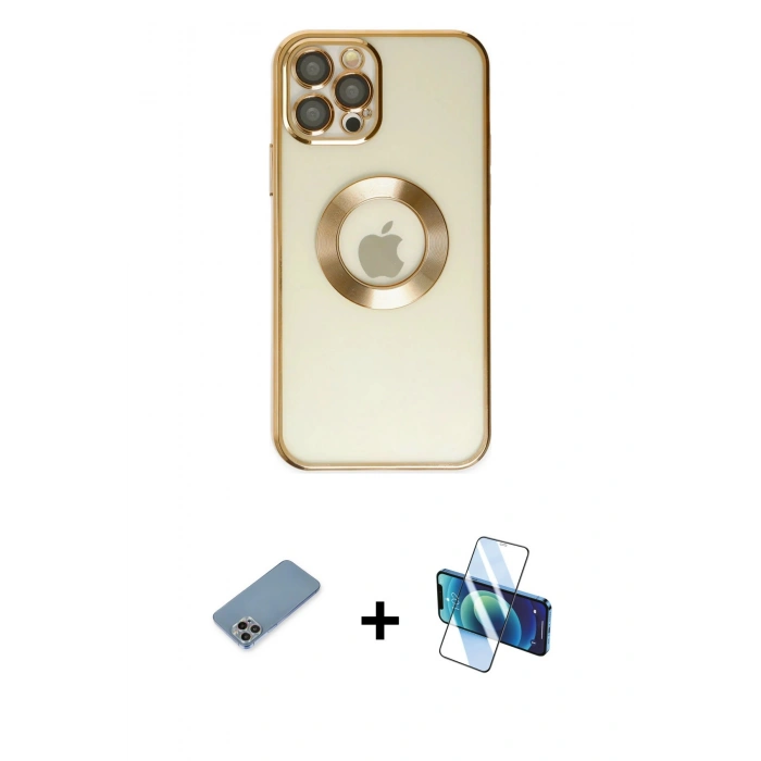 MARSİLYAN™- iPhone 12 Pro Kılıf Pusula Form - Siyah 3D Antistatik Cam Ekran Koruyucu + Shine Kamera Lens Koruma Cam - GI