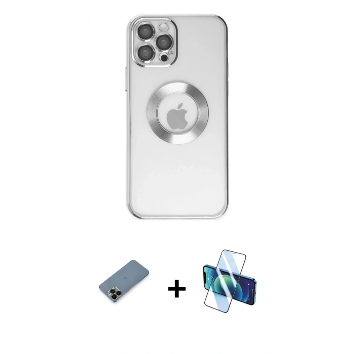 MARSİLYAN™- iPhone 12 Pro Kılıf Pusula Form - Siyah 3D Antistatik Cam Ekran Koruyucu + Shine Kamera Lens Koruma Cam - SH