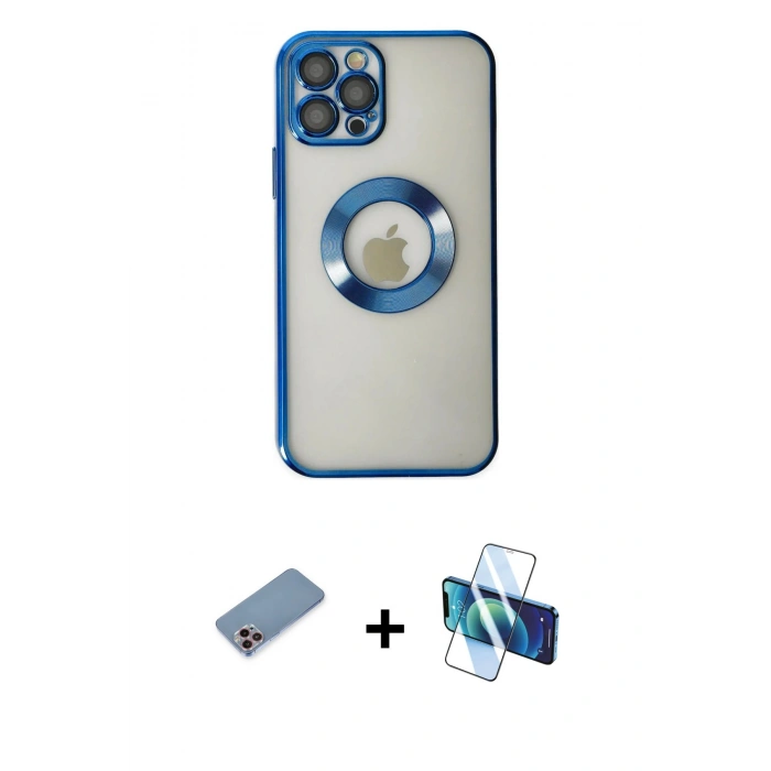MARSİLYAN™- iPhone 12 Pro Kılıf Pusula Form - Siyah 3D Antistatik Cam Ekran Koruyucu + Shine Kamera Lens Koruma Cam - PE