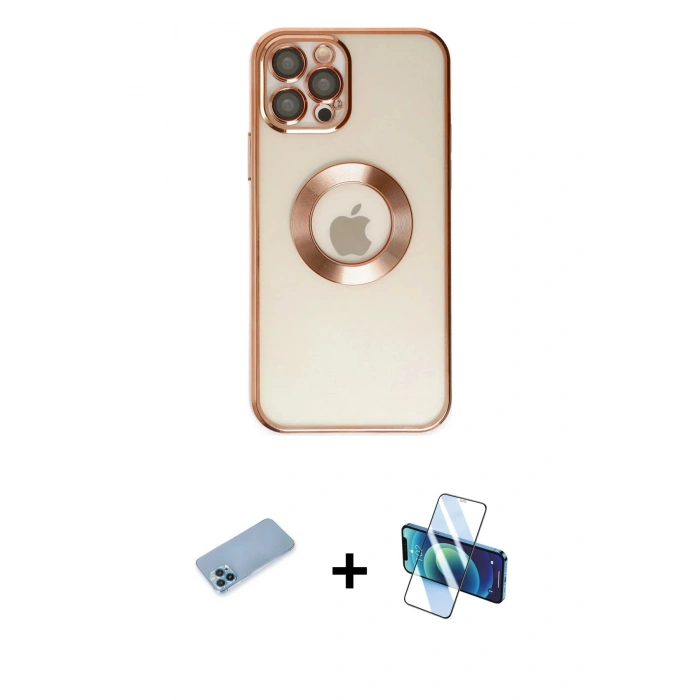 MARSİLYAN™- iPhone 12 Pro Kılıf Pusula Form - Siyah 3D Antistatik Cam Ekran Koruyucu + Shine Kamera Lens Koruma Cam - MI